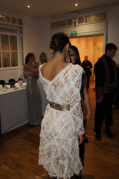 VOLIÀ Atelier - lace ivory ambre dress features a scooped back and defined shoulders.